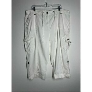 True  Lagenlook WHITE CARGO BERMUDA Capri Pants SHORTS LINEN BLEND SIZE 24